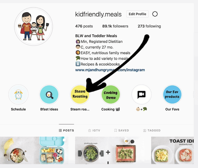 a screenshot of KidFriendly.meals Instagram profile with arrow to steam roasting in the story highlights