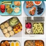 A six image collage of healthy toddler lunch ideas in bento boxes.