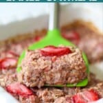 A head on shot of sliced strawberry baked oatmeal.