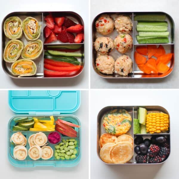 A four image collage of bento box lunch ideas.