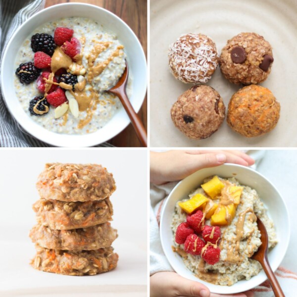 A four image collage of easy oatmeal recipes for babies and kids.